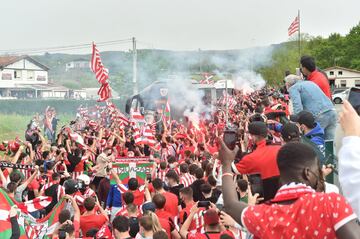 Athletic Club fans gather to wave the team bus off from Bilbao as it travels down to Seville for the Copa del Rey final.