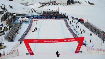 View of the finish area of the track after the women's downhill was cancelled due to bad weather at the FIS Alpine Ski World Cup in Zermatt-Cervinia, on November 19, 2023. (Photo by Marco BERTORELLO / AFP)