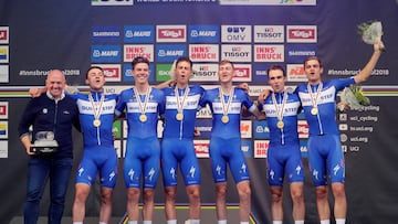 Cycling - UCI Road Cycling World Championships - Tirol, Austria - September 23, 2018  Team Quick-Step Floors celebrate on the podium after winning the Men&#039;s Team Time Trial  REUTERS/Heinz-Peter Bader