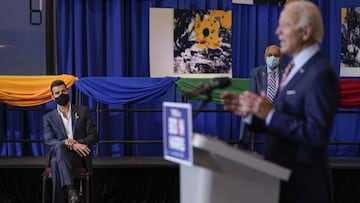 Singer Ricky Martin (L) looks on as Democratic presidential nominee and former Vice President Joe Biden speaks at a Hispanic heritage event at Osceola Heritage Park on September 15, 2020 in Kissimmee, Florida. 