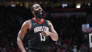 Dec 9, 2017; Portland, OR, USA; Houston Rockets guard James Harden (13) celebrates the 124-117 win over the Portland Trail Blazers at Moda Center. Mandatory Credit: Jaime Valdez-USA TODAY Sports