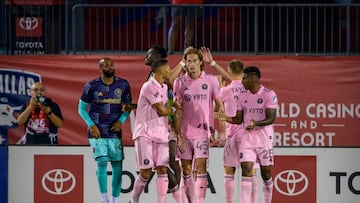 Jul 4, 2022; Frisco, Texas, USA; Inter Miami forward Leonardo Campana (9) and defender Kieran Gibbs (3) nd defender Ryan Sailor (45) and midfielder Bryce Duke (22) celebrate Campana scoring a goal against FC Dallas during the second half at Toyota Stadium. Mandatory Credit: Jerome Miron-USA TODAY Sports