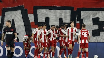 Soccer Football - UEFA Champions League - Olympiacos v Bayer Leverkusen - Karaiskakis Stadium, Piraeus, Greece - January 20, 2026 Olympiacos' Costinha celebrates scoring their first goal with teammates REUTERS/Louiza Vradi
