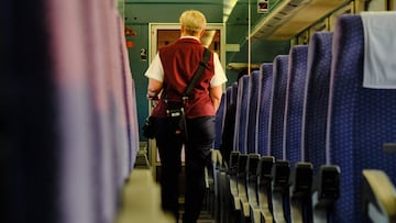 12 August 2021, Lower Saxony, Wolfsburg: A ticket inspector walks through the almost deserted IC 2949. Photo: Stefan Jaitner/dpa (Photo by Stefan Jaitner/picture alliance via Getty Images)