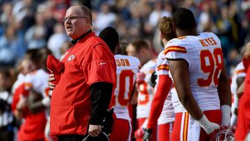 SAN DIEGO, CA - JANUARY 01: Head coach Andy Reid of the Kansas City Chiefs and players react during the national anthem ahead of a game against the San Diego Chargers at Qualcomm Stadium on January 1, 2017 in San Diego, California. Donald Miralle/Getty Images/AFP
== FOR NEWSPAPERS, INTERNET, TELCOS & TELEVISION USE ONLY ==