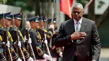 U.S. Secretary of Defense Lloyd Austin inspects honor guards during his arrival at Camp Aguinaldo, in Quezon City, Metro Manila, Philippines, July 30, 2024. REUTERS/Lisa Marie David
