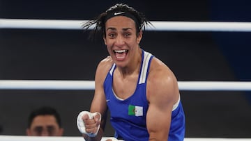 Paris (France), 06/08/2024.- Imane Khelif of Algeria celebrates winnig against Janjaem Suwannapheng of Thailand in their Women's 66kg semifinal of the Boxing competitions in the Paris 2024 Olympic Games, at Roland Garros in Paris, France, 06 August 2024. (Francia, Tailandia) EFE/EPA/MOHAMMED BADRA