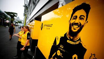 Singapore (Singapore), 19/09/2019.- The image of Australian Formula One driver Daniel Ricciardo of Renault is seen outside of the team garage at the Marina Bay Circuit ahead of the Singapore Formula One Grand Prix night race in Singapore, 19 September 201