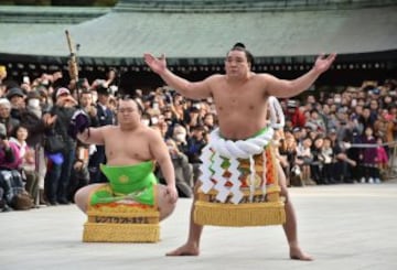 Los dos luchadores que compiten bajo los nombres de Yokozuna Kakuryu y Harumafuji son originarios de Mongolia. La ceremonia de ingreso al ring en la que se hace una ofrenda a los dioses sintoístas dura dos minutos.