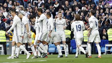 Los jugadores del Real Madrid celebran el segundo gol del Ramos al M&aacute;laga el pasado fin de semana.