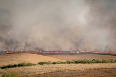 Vista del incendio, en Navalcarnero, Madrid (España). Un incendio originado en la localidad toledana de Méntrida, limítrofe con la Comunidad de Madrid.