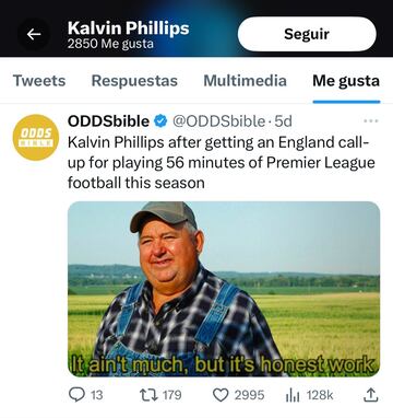 Kalvin Phillips, jugador del Manchester City, da 'Me gusta' a un tweet sobre su convocatoria con la Selección inglesa.