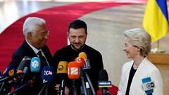 Ukrainian President Volodymyr Zelenskiy, European Council President Antonio Costa and European Commission President Ursula von der Leyen react as they speak to the media on the day of a European Union leaders special summit to discuss Ukraine and European defence, in Brussels, Belgium March 6, 2025. REUTERS/Stephanie Lecocq