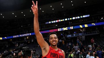 DENVER, COLORADO - MAY 12: CJ McCollum #3 of the Portland Trail Blazers celebrates their win against the Denver Nuggetts during Game Seven of the Western Conference Semi-Finals of the 2019 NBA Playoffs at the Pepsi Center on May 12, 2019 in Denver, Colorado. NOTE TO USER: User expressly acknowledges and agrees that, by downloading and or using this photograph, User is consenting to the terms and conditions of the Getty Images License Agreement.   Matthew Stockman/Getty Images/AFP
 == FOR NEWSPAPERS, INTERNET, TELCOS &amp; TELEVISION USE ONLY ==