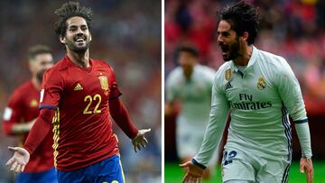 Isco celebra un gol con la Selección y otro con el Real Madrid.