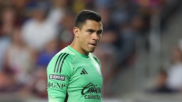 Jul 30, 2025; Sandy, Utah, USA; Club America goalkeeper Luis Malagon (1) looks on during the second half of the game against Real Salt Lake at America First Field. Mandatory Credit: Rob Gray-Imagn Images