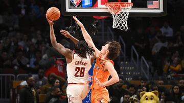 CLEVELAND, OHIO - FEBRUARY 18: Isaiah Stewart #28 of the Detroit Pistons shoots the ball as Josh Giddey #3 of the Oklahoma City Thunder defends during the 2022 Clorox Rising Stars at Rocket Mortgage Fieldhouse on February 18, 2022 in Cleveland, Ohio. NOTE