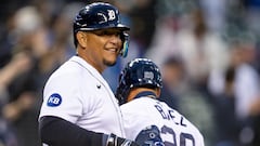 Apr 11, 2022; Detroit, Michigan, USA; Detroit Tigers designated hitter Miguel Cabrera (24) smiles during the eighth inning against the Boston Red Sox at Comerica Park. Mandatory Credit: Raj Mehta-USA TODAY Sports