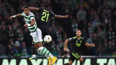 Celtic's German defender Moritz Jenz (L) and Real Madrid's Brazilian forward Rodrygo (C) fights for the ball with during the UEFA Champions League Group F football match between Celtic and Real Madrid, at the Celtic Park stadium, in Glasgow, on September 6, 2022. (Photo by ANDY BUCHANAN / AFP) (Photo by ANDY BUCHANAN/AFP via Getty Images)
