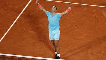 PARIS, FRANCE - OCTOBER 11: Rafael Nadal of Spain celebrates after winning championship point during his Men's Singles Final against Novak Djokovic of Serbia on day fifteen of the 2020 French Open at Roland Garros on October 11, 2020 in Paris, France