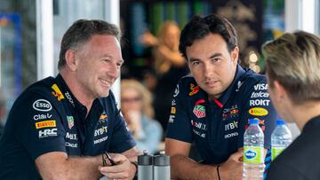 Montreal (Canada), 07/06/2024.- Red Bull Racing team principal Christian Horner and Red Bull Racing driver Sergio Perez of Mexico talk in the paddock prior to a practice session for the Formula One Grand Prix of Canada, in Montreal, Canada, 07 June 2024. The 2024 Formula 1 Grand Prix of Canada is held on 09 June. (Fórmula Uno) EFE/EPA/SHAWN THEW
