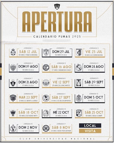 Este es el calendario de Pumas para el Apertura 2025