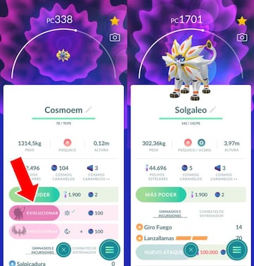 Solgaleo se obtiene evolucionando a un Cosmoem durante el d&iacute;a, y Lunala se consigue evolucionando a un Cosmoem durante la noche