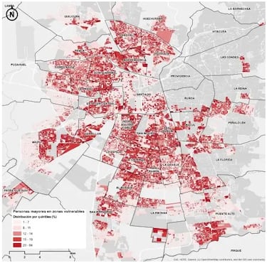 Este mapa muestra las peores zonas en las que puede vivir un adulto mayor en Santiago