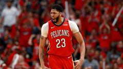 NEW ORLEANS, LA - APRIL 19: Anthony Davis #23 of the New Orleans Pelicans reacts after scoring during Game 3 of the Western Conference playoffs against the Portland Trail Blazers at the Smoothie King Center on April 19, 2018 in New Orleans, Louisiana. NOTE TO USER: User expressly acknowledges and agrees that, by downloading and or using this photograph, User is consenting to the terms and conditions of the Getty Images License Agreement.   Sean Gardner/Getty Images/AFP
 == FOR NEWSPAPERS, INTERNET, TELCOS &amp; TELEVISION USE ONLY ==