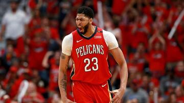 NEW ORLEANS, LA - APRIL 19: Anthony Davis #23 of the New Orleans Pelicans reacts after scoring during Game 3 of the Western Conference playoffs against the Portland Trail Blazers at the Smoothie King Center on April 19, 2018 in New Orleans, Louisiana. NOTE TO USER: User expressly acknowledges and agrees that, by downloading and or using this photograph, User is consenting to the terms and conditions of the Getty Images License Agreement. Sean Gardner/Getty Images/AFP
== FOR NEWSPAPERS, INTERNET, TELCOS & TELEVISION USE ONLY ==