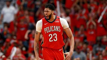 NEW ORLEANS, LA - APRIL 19: Anthony Davis #23 of the New Orleans Pelicans reacts after scoring during Game 3 of the Western Conference playoffs against the Portland Trail Blazers at the Smoothie King Center on April 19, 2018 in New Orleans, Louisiana. NOTE TO USER: User expressly acknowledges and agrees that, by downloading and or using this photograph, User is consenting to the terms and conditions of the Getty Images License Agreement.   Sean Gardner/Getty Images/AFP
 == FOR NEWSPAPERS, INTERNET, TELCOS &amp; TELEVISION USE ONLY ==