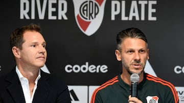 EZEIZA, ARGENTINA - FEBRUARY 08: Head coach of River Plate Martin Demichelis (R) speaks next to President of River Plate Jorge Brito during a press conference to unveil new signings at River Camp on February 8, 2023 in Ezeiza, Argentina. (Photo by Diego Alberto Haliasz/Getty Images)