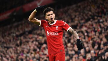 Liverpool (United Kingdom), 21/02/2024.- Liverpool's Luis Diaz celebrates after scoring the 3-1 lead during the English Premier League match between Liverpool FC and Luton Town FC, in Liverpool, Britain, 21 February 2024. (Reino Unido) EFE/EPA/PETER POWELL EDITORIAL USE ONLY. No use with unauthorized audio, video, data, fixture lists, club/league logos, 'live' services or NFTs. Online in-match use limited to 120 images, no video emulation. No use in betting, games or single club/league/player publications.

