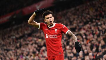 Liverpool (United Kingdom), 21/02/2024.- Liverpool's Luis Diaz celebrates after scoring the 3-1 lead during the English Premier League match between Liverpool FC and Luton Town FC, in Liverpool, Britain, 21 February 2024. (Reino Unido) EFE/EPA/PETER POWELL EDITORIAL USE ONLY. No use with unauthorized audio, video, data, fixture lists, club/league logos, 'live' services or NFTs. Online in-match use limited to 120 images, no video emulation. No use in betting, games or single club/league/player publications.
