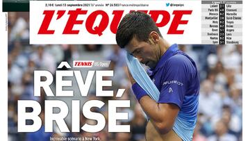 Portada de L&#039;&Eacute;quipe del 13 de septiembre de 2021 con la derrota de Novak Djokovic en la final del US Open.