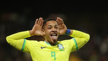 (FILES) In this file photo taken on February 3, 2023 Brazil's Vitor Roque celebrates after scoring against Venezuela during the South American U-20 championship football match at the Metropolitano de Techo stadium in Bogota, Colombia. - The Brazilian league, the world's leading producer of football players, begins this Saturday with several young promises eager to show off. (Photo by JUAN PABLO PINO / AFP)