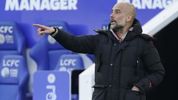 Soccer Football - Premier League - Leicester City v Manchester City - King Power Stadium, Leicester, Britain - April 3, 2021 Manchester City manager Pep Guardiola reacts Pool via REUTERS/Tim Keeton EDITORIAL USE ONLY. No use with unauthorized audio, video