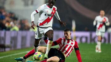 MADRID, SPAIN - MARCH 05: Abdul Mumin of Rayo Vallecano battle for the ball with Oihan Sancet of Athletic Club during the LaLiga Santander match between Rayo Vallecano and Athletic Club at Campo de Futbol de Vallecas on March 05, 2023 in Madrid, Spain. (Photo by Diego Souto/Quality Sport Images/Getty Images)