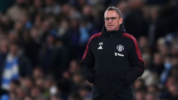 MANCHESTER, ENGLAND - MARCH 06: Ralf Rangnick, Manager of Manchester United looks on during the Premier League match between Manchester City and Manchester United at Etihad Stadium on March 06, 2022 in Manchester, England. (Photo by Laurence Griffiths/Get