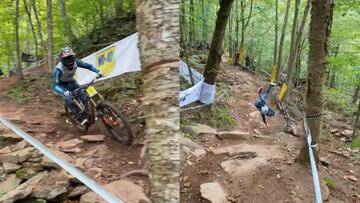 El piloto francés Thibaut Daprela antes y durante su caída durante la UCI MTB World Cup de DH en Snowshoe (Estados Unidos).