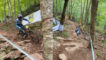 El piloto franc&eacute;s Thibaut Daprela antes y durante su ca&iacute;da durante la UCI MTB World Cup de DH en Snowshoe (Estados Unidos). 