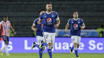 Andr&eacute;s Cadavid celebrando su gol con Millonarios ante Junior en partido por la Liga &Aacute;guila II-2018