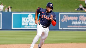 Feb 22, 2025; West Palm Beach, Florida, USA; Houston Astros infielder Cam Smith rounds second base in the ninth inning against the Washington Nationals at CACTI Park of the Palm Beaches. Mandatory Credit: Reinhold Matay-Imagn Images