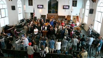 Rev. K.W. Tulloss speaks at a press conference at Southside Bethel Baptist Church, after audio surfaced on Sunday of Los Angeles City Council President Nury Martinez making racist slurs about colleague Mike Bonins young son during a conversation in October 2021,
in Los Angeles.