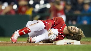 Aug 12, 2017; Washington, DC, USA; Washington Nationals right fielder Bryce Harper (34) reacts after suffering an apparent injury in the first inning against the San Francisco Giants at Nationals Park. Mandatory Credit: Michael Owens-USA TODAY Sports