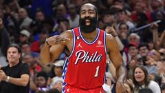 Apr 15, 2023; Philadelphia, Pennsylvania, USA;Philadelphia 76ers guard James Harden (1) reacts after making a three point basket against the Brooklyn Nets during the second quarter of game one of the 2023 NBA playoffs at Wells Fargo Center. Mandatory Credit: Eric Hartline-USA TODAY Sports