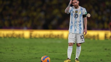 Argentina's Lionel Messi gestures during the South American qualification football match for the FIFA World Cup Qatar 2022 against Ecuador, at the Isidro Romero Monumental Stadium in Guayaquil, Ecuador, on March 29, 2022. (Photo by Jos� J�come / POOL / AFP)