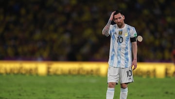 Argentina's Lionel Messi gestures during the South American qualification football match for the FIFA World Cup Qatar 2022 against Ecuador, at the Isidro Romero Monumental Stadium in Guayaquil, Ecuador, on March 29, 2022. (Photo by Jos� J�come / POOL / AFP)