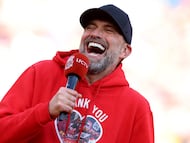 Soccer Football - Premier League - Liverpool v Wolverhampton Wanderers - Anfield, Liverpool, Britain - May 19, 2024 Liverpool manager Juergen Klopp reacts as he gives a speech after his last match as Liverpool manager REUTERS/Phil Noble EDITORIAL USE ONLY. NO USE WITH UNAUTHORIZED AUDIO, VIDEO, DATA, FIXTURE LISTS, CLUB/LEAGUE LOGOS OR 'LIVE' SERVICES. ONLINE IN-MATCH USE LIMITED TO 120 IMAGES, NO VIDEO EMULATION. NO USE IN BETTING, GAMES OR SINGLE CLUB/LEAGUE/PLAYER PUBLICATIONS. PLEASE CONTACT YOUR ACCOUNT REPRESENTATIVE FOR FURTHER DETAILS..