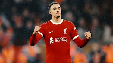 LIVERPOOL, ENGLAND - JANUARY 01: Trent Alexander-Arnold of Liverpool celebrates following their sides victory after the Premier League match between Liverpool FC and Newcastle United at Anfield on January 01, 2024 in Liverpool, England. (Photo by Jan Kruger/Getty Images)